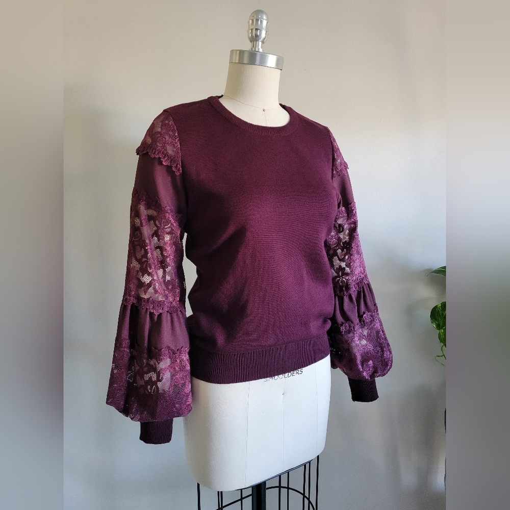 Gorgeous purple pullover sweater with contrasting lace bell sleeves
